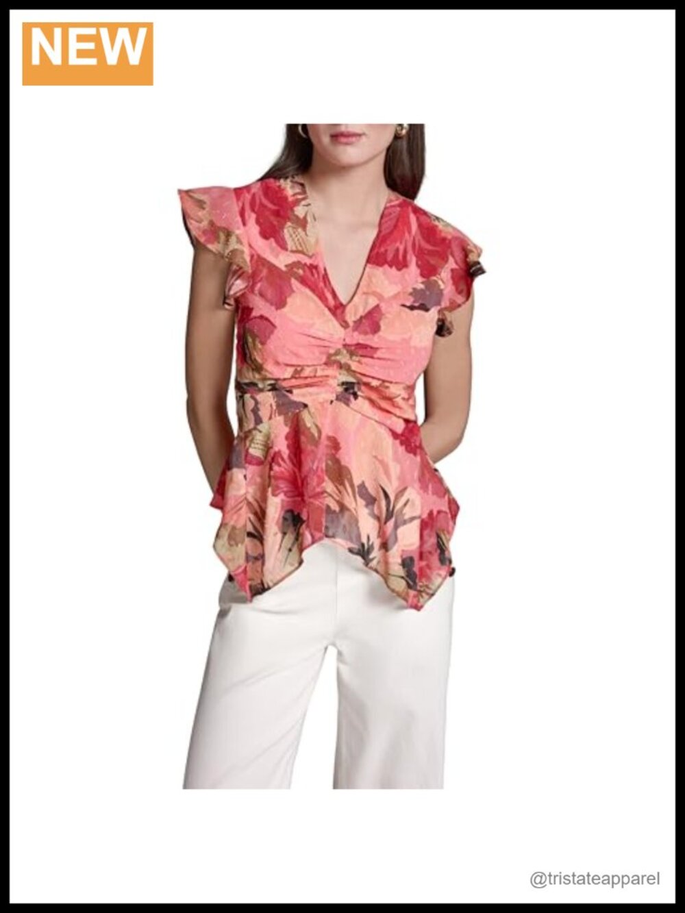 Woven Sleeveless V-Neck Ruffle Top, Floral, 100% Polyester, Dry Clean